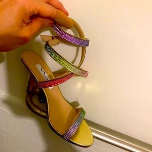 Strappy heels covered in ombré rainbow crystals/stones